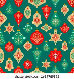 Scandinavian Christmas seamless pattern. Christmas and new Year ornaments and baubles with different shapes. Vector vintage texture background for winter holidays, seasonal greeting design, package