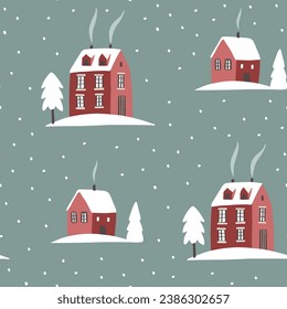 Scandinavian Christmas seamless pattern. Winter fabric, textile design with red houses, trees and snow.. Decorative hand drawn gift wrapping paper, scrapbooking Cute kids vector background.
