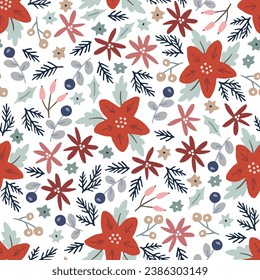 Scandinavian Christmas seamless pattern. Winter fabric, textile design. Red poinsettia flowers, fir tree branches, holly berries. Decorative hand drawn wrapping paper. Natural festive floral backgroun