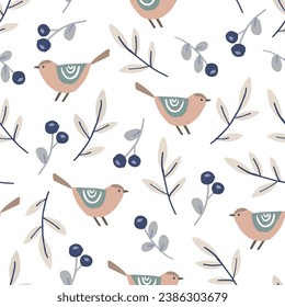 Scandinavian Christmas seamless pattern. Winter fabric, textile design with birds, branches, blueberries. Decorative hand drawn gift wrapping paper. Natural festive floral background.
