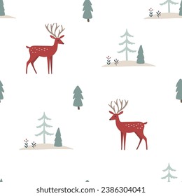 Skandinavisches Weihnachtsnahtloses Muster. Wintergewebe, Stoffdesign. Rote Rentiere, Bäume, Wald. Dekoratives, handgezeichnet verpacktes Papier. Tierkinder-Illustration. Weißer Vektorhintergrund. 