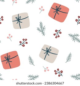 Scandinavian Christmas seamless pattern. Winter fabric, textile design. Gift boxes with ribbons, fir tree branches, berries. Decorative hand drawn wrapping paper. Birthday, festive floral background.