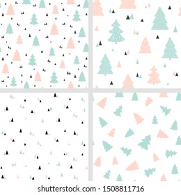 Scandinavian Christmas seamless patterns. Vector set of backgrounds with Christmas trees. For fabric print, wallpaper, wrapping paper design