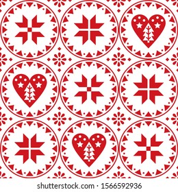 Scandinavian Christmas seamless vector pattern with snowflakes, hearts and Christmas trees - Nordic folk art style. Scandi style Xmas textile design or wallpaper background with swirls and flowers
