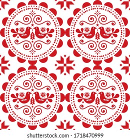 Scandinavian Christmas seamless vector pattern with birds, snowflakes, hearts and Christmas trees - Nordic folk art style. Scandi style Xmas cute textile design background with swirls and flowers
