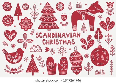 Scandinavian Christmas set - fir tree, tulip, flower, horse, mittens, ball, bauble, bird, heart, snow, snowflake, berry, star isolated on white background. Perfect for winter holiday greeting cards