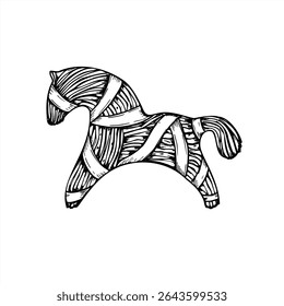 Scandinavian Christmas straw horse with ribbons monochrome vector illustration. Rustic handmade animal for holiday cards, Nordic decor, festive packaging, and traditional Yule design