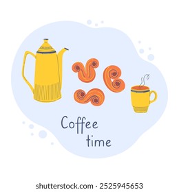 Scandinavian Christmas tradition. Cute composition with kettle, cup of coffee and saffron buns. Nordic pastry. Coffee time lettering. Hand drawn flat design vector illustration.
