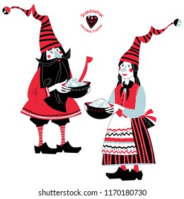 Scandinavian Christmas tradition. The gnome gives a pot of Christmas rice porridge to his girlfriend. Vector illustration