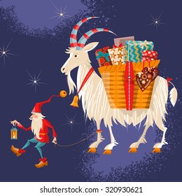 Scandinavian Christmas tradition. Christmas Gnome and Yule goat with a gift basket. Vector illustration