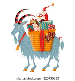 Scandinavian Christmas tradition. Christmas Gnome and Yule goat with a gift basket. Vector illustration