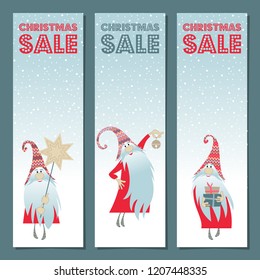 Scandinavian Christmas tradition. Set of 3 banners with gnomes and “Christmas Sale” title. Vector illustration