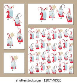 Scandinavian Christmas tradition. Set of 4 universal cards with gnomes with gifts, a candle, a bell and a Christmas star. Template. Vector illustration