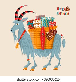 Scandinavian Christmas tradition. Yule goat (Christmas symbol) with a gift basket. Vector illustration