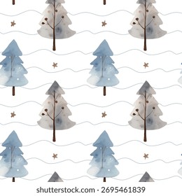 Scandinavian Christmas tree pattern in soft blue and brown tones. Hand drawn. Isolated on white background. Vector