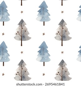 Padrão de árvore de Natal escandinavo em tons de azul suave e marrom. Mão desenhada. Isolado no fundo branco. Vetor