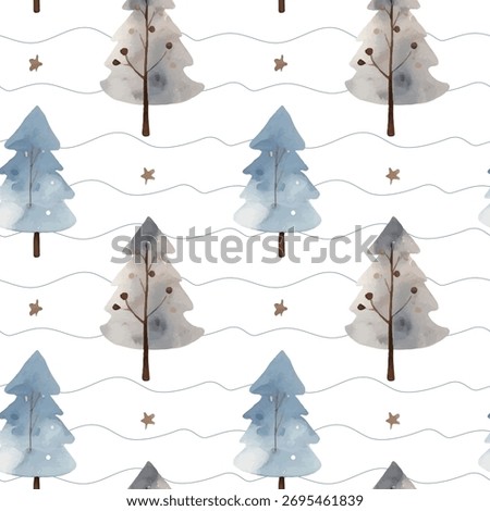 Scandinavian Christmas tree pattern in soft blue and brown tones. Hand drawn. Isolated on white background. Vector