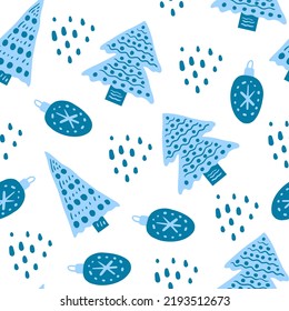 Patrón ininterrumpido del árbol de Navidad escandinavo. Ilustración vectorial repetida a mano con baudias de árbol de navidad cayendo y puntos en el estilo de doodle de dibujos animados de moda. Papel textil de envoltura de navidad festiva