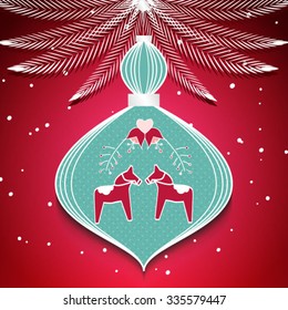 scandinavian christmas tree toy vector background with christmas tree branches and snow. merry christmas and happy new year.