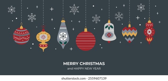 Scandinavian Christmas tree toys and baubles greeting card. Hangning Christmas tree decorations in retro vintage style. Festive background, banner, poster, flyer template with typography. Vector.