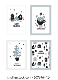 Scandinavian Christmas - vector print. Winter clipart - Snowflakes, stars, houses, tree. Happy Holidays