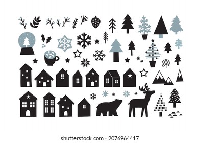 Scandinavian Christmas - vector print. Winter clipart - Snowflakes, stars, houses, tree. Happy Holidays