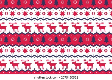 Scandinavian Christmas vector seamless pattern. Xmas stripes rapport. Christmas red and blue pattern. Christmas deers and trees. Scandy wrapping paper.
