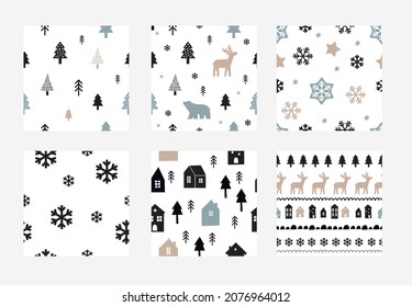 Scandinavian Christmas - vector seamless pattern. Winter clipart - Snowflakes, stars, houses, tree. Happy Holidays