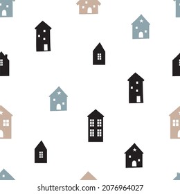 Scandinavian Christmas - vector seamless pattern. Winter clipart - Snowflakes, stars, houses, tree. Happy Holidays
