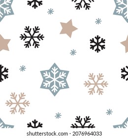 Scandinavian Christmas - vector seamless pattern. Winter clipart - Snowflakes, stars, houses, tree. Happy Holidays