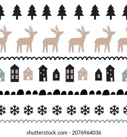 Scandinavian Christmas - vector seamless pattern. Winter clipart - Snowflakes, stars, houses, tree. Happy Holidays