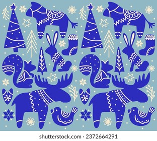 Scandinavian Christmas. Vector set of decorative elements. Animals, trees, snowflakes in scandinavian style.