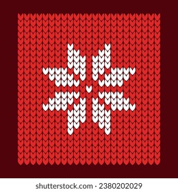 Scandinavian christmas winter knitted pattern.with snowflake. White pixel images with red background. Vector illustration