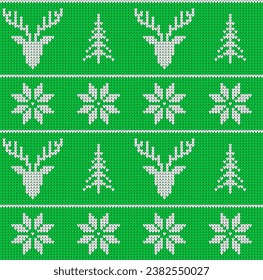 Scandinavian christmas winter seamless knitted pattern. Head deer silhouette or reindeer, snowflake and christmas tree. White pixel images with green background. Vector illustration