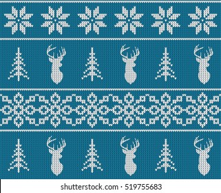 Scandinavian christmas winter seamless knitted pattern. Head deer silhouette or reindeer, snowflake and christmas tree. White images with blue background. Vector illustration.