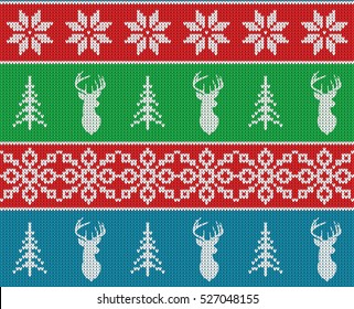 Scandinavian christmas winter seamless knitted pattern. Head deer silhouette or reindeer, snowflake and christmas tree. White pixel images with blue, green and red background. Vector illustration