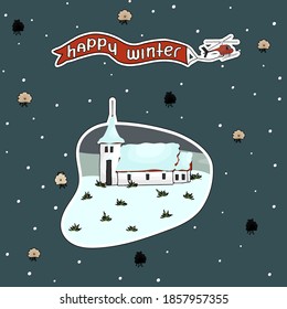 Scandinavian church with snow in happy winter with red helicopter in the sky with text. Sheep are around on blue background