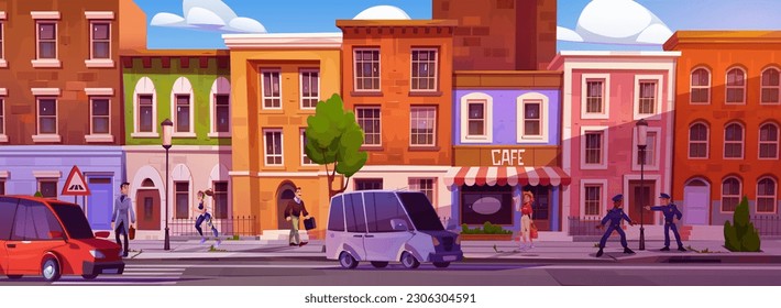 Scandinavian city house and car traffic vector illustration. Building in town street and people on sidewalk district panorama cityscape. Game scene front view background with european townhouse