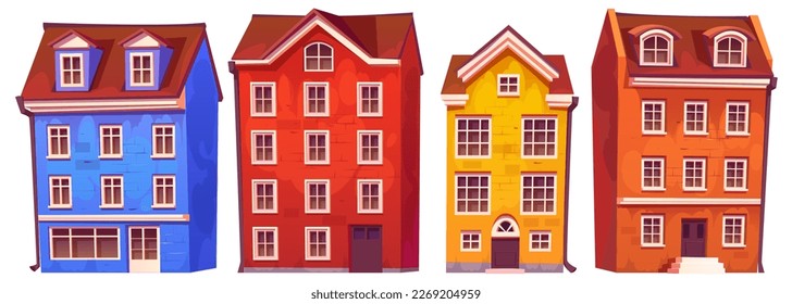 Scandinavian city houses and buildings. European town street real estate. Exterior of sweden architecture, houses with shop or cafe storefront isolated on white background, vector cartoon set svg