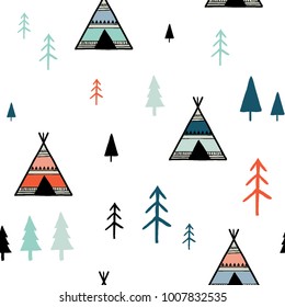 Scandinavian colorful geometric seamless pattern. Simple minimalist trees and tents. Cartoon hand drawn Vector illustration. Abstract background for textile, covers, package, wrapping paper