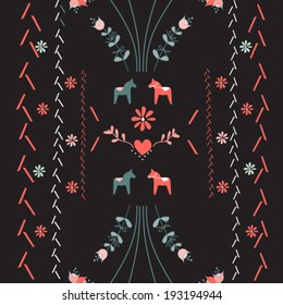 scandinavian colorful illustration on black background with traditional elements. dala horse flowers, fish, geometric and leaves. scandinavian pattern.