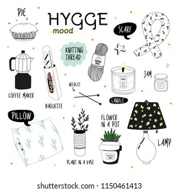 Scandinavian coloring page for adult and children. Cute vector illustration of autumn and winter hygge elements. Isolated on white background. Black and white illustration. Art therapy. Simple design