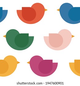 Scandinavian colourful birds seamless pattern. Repetitive pattern with vividly coloured geometric shaped birds on white background. Perfect for textile, packaging, wallpapers.