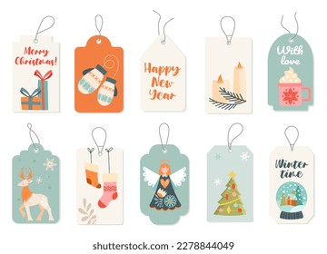 Scandinavian composition tag set. Collection of stickers with gloves, socks, deer and angel. Happy New Years and Merry Christmas. Cartoon flat vector illustrations isolated on white background