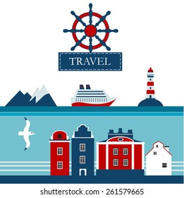 Scandinavian concept image sea cruise flat vector icons 