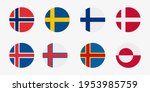 Scandinavian countries flag vector icon set. Nordic Europe flags in a circle shape. Norway, Sweden, Finland, Denmark, Iceland, Faroe Islands, Aland Islands, Greenland.