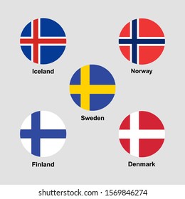 Scandinavian countries flags icon set. Iceland, Sweden, Finland, Denmark, Norway flags isolated vector illustration