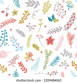 Scandinavian cozy Christmas seamless pattern with cute hand drawn floral elements