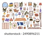 Scandinavian Cozy Home Interior and Decor Set. Modern Accessories for Home. Clip art of Lamps, Paintings, Pillows, Plants, Carpets, Vases, Books. Isolated Flat Vector Illustrations on White Background