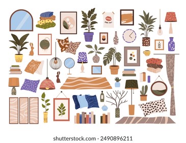 Scandinavian Cozy Home Interior and Decor Set. Modern Accessories for Home. Clip art of Lamps, Paintings, Pillows, Plants, Carpets, Vases, Books. Isolated Flat Vector Illustrations on White Background